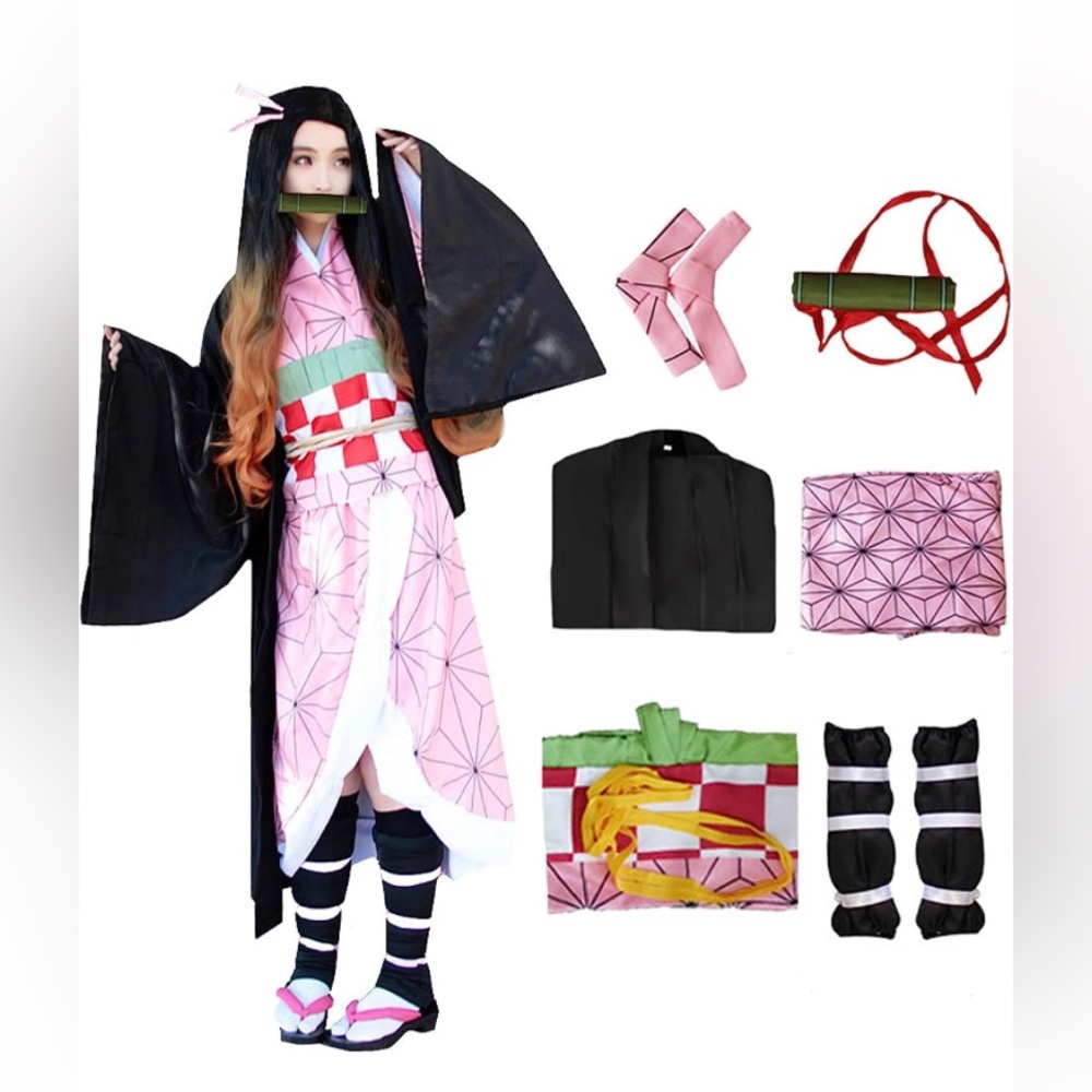 Demon Slayer Kamado Nezuko Anime Kimono Halloween Costume Cosplay Set NEW